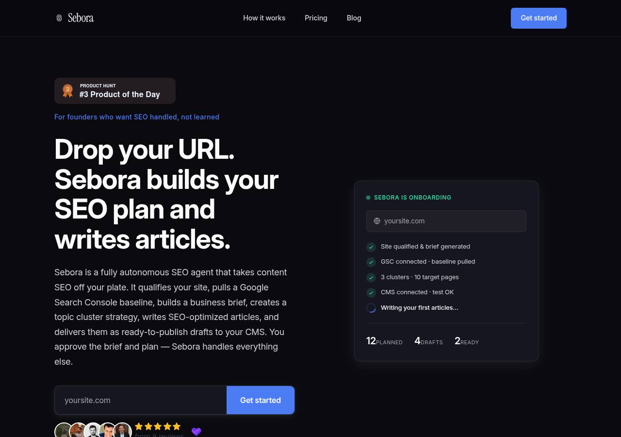 Sebora homepage: "Drop your URL. Sebora builds your SEO plan and writes articles", with an onboarding panel showing site qualification, GSC baseline, cluster planning and draft status