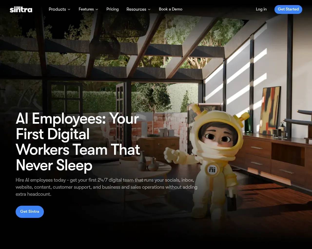 Sintra homepage hero showing the AI-employee pitch and helper line-up
