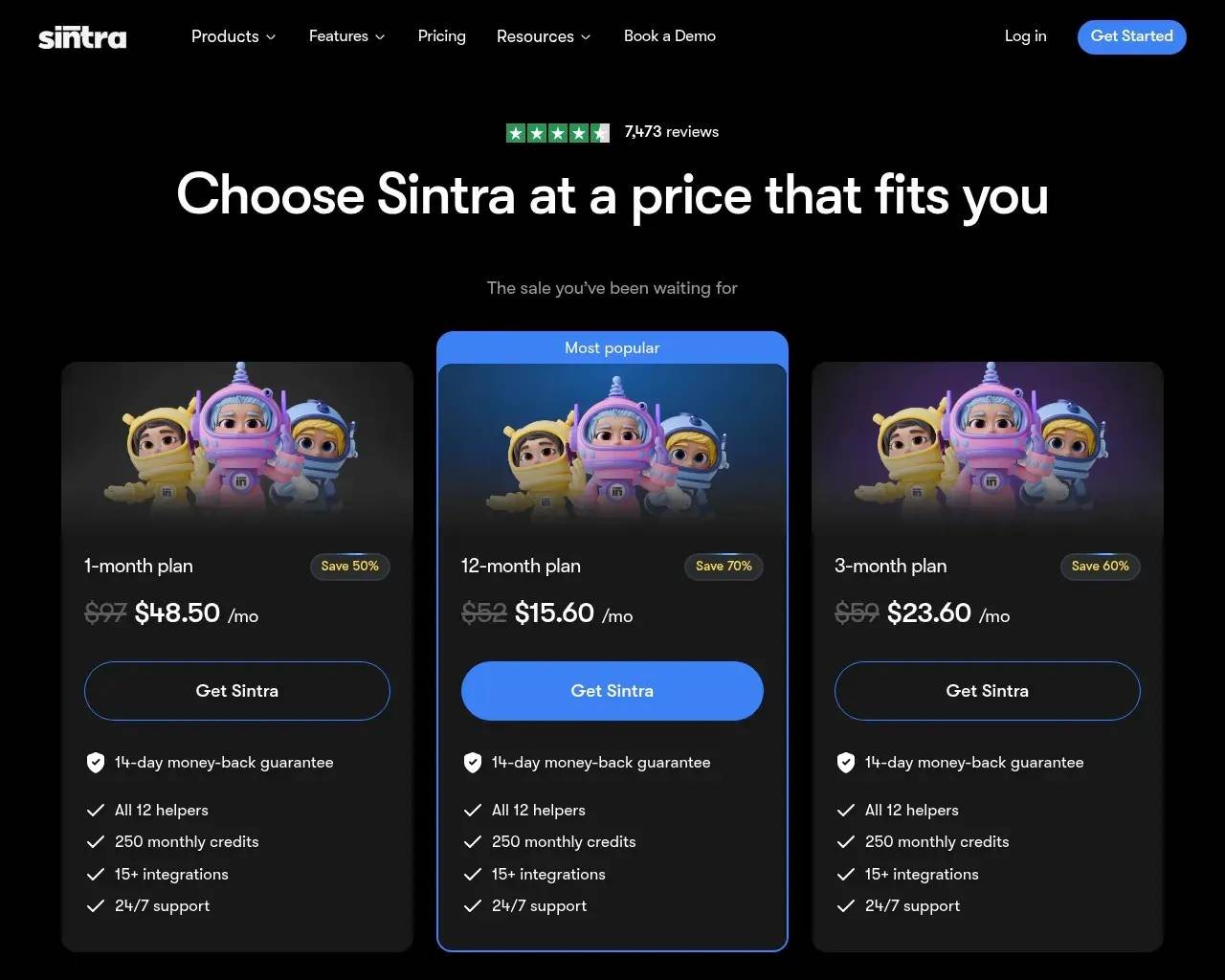 Sintra pricing page — individual helper plan versus the Sintra X bundle