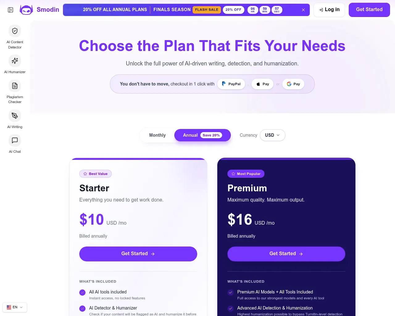 Page de tarification de Smodin — plans Starter et Premium avec une comparaison de fonctionnalités côte à côte