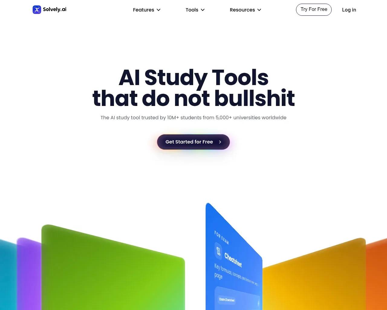 Página de inicio de Solvely.ai — titular principal "AI Study Tools that do not bullshit" con la leyenda "trusted by 10M+ students from 5,000+ universities worldwide"