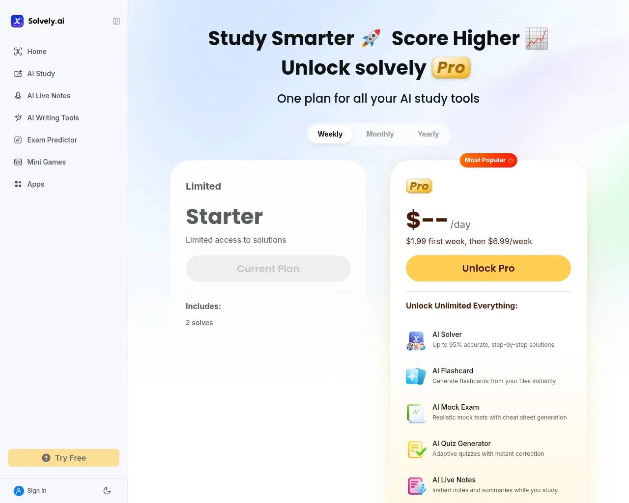 Página de precios de Solvely — un plan "Starter" gratuito con 2 solves junto a un plan "Pro" facturado semanalmente a $1.99 la primera semana luego $6.99/week, desbloqueando solucionador ilimitado, tarjetas de memoria, exámenes simulados, cuestionarios y notas en vivo