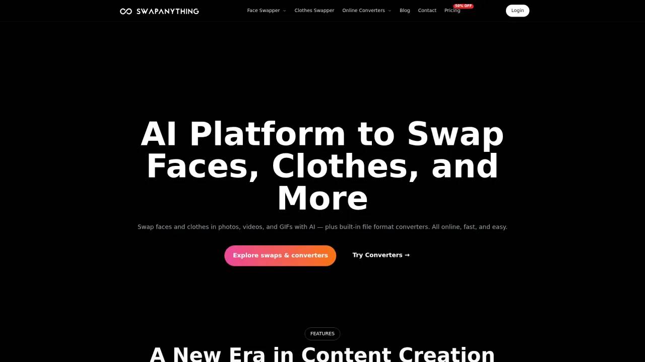SwapAnything.io 主页——深色主题首图,宣传 AI 换脸、换装和文件转换器