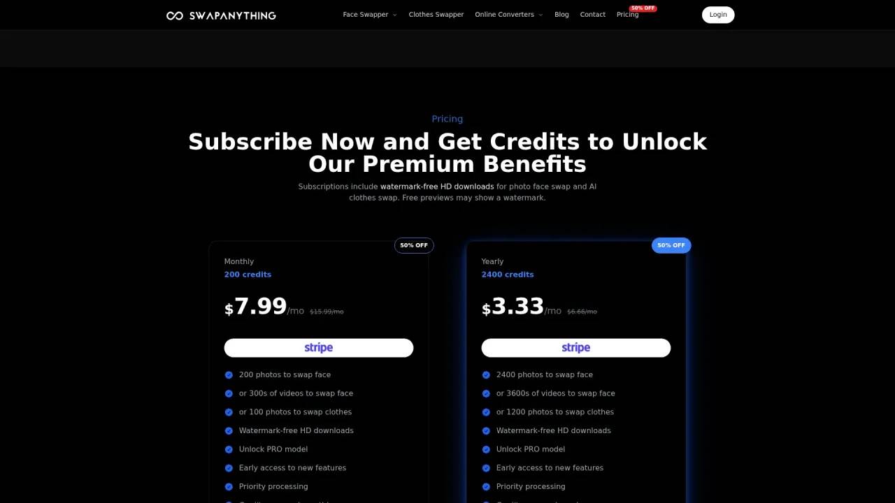SwapAnything.io 价格页面——月付 $7.99(200 积分)和年付 $3.33/mo(2400 积分)套餐