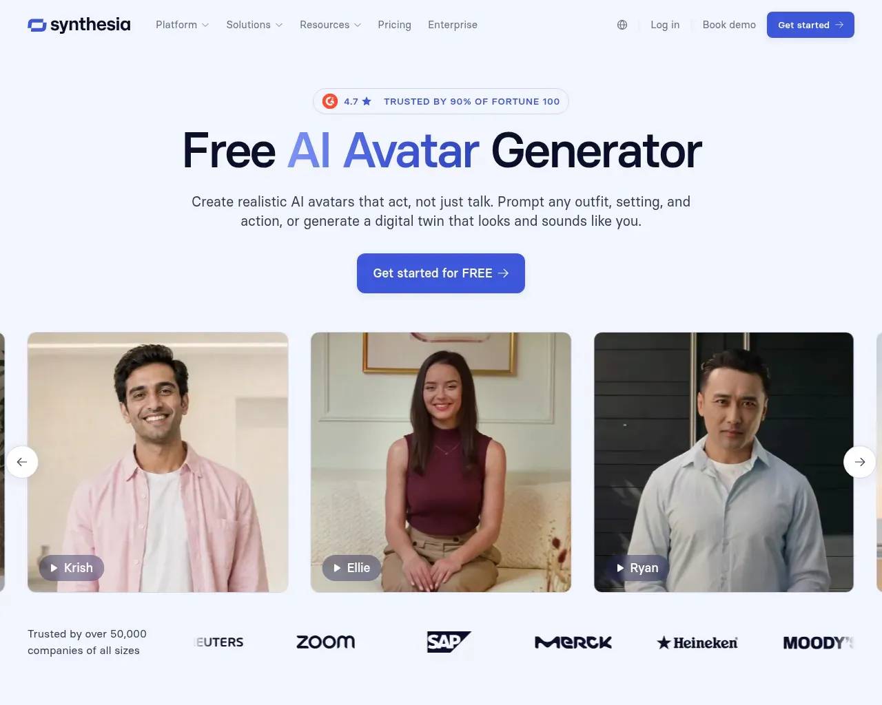 Synthesia AI avatars feature page — the stock presenters that narrate your videos