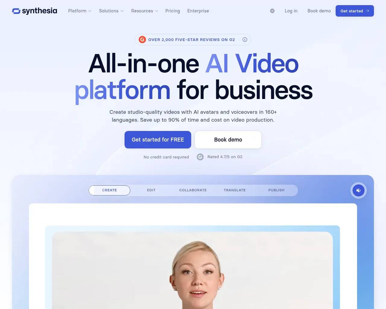 Synthesia homepage — an AI video platform that turns text scripts into avatar-narrated videos in 160+ languages