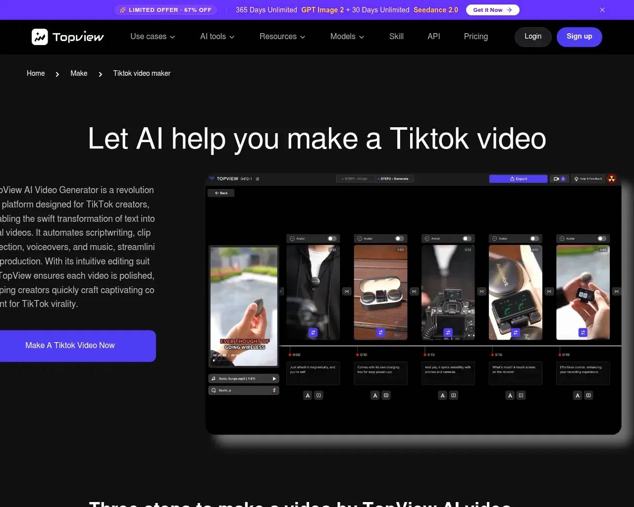 TopView AI TikTok video maker landing page — 3-step workflow (upload, script generation, AI-powered editing)