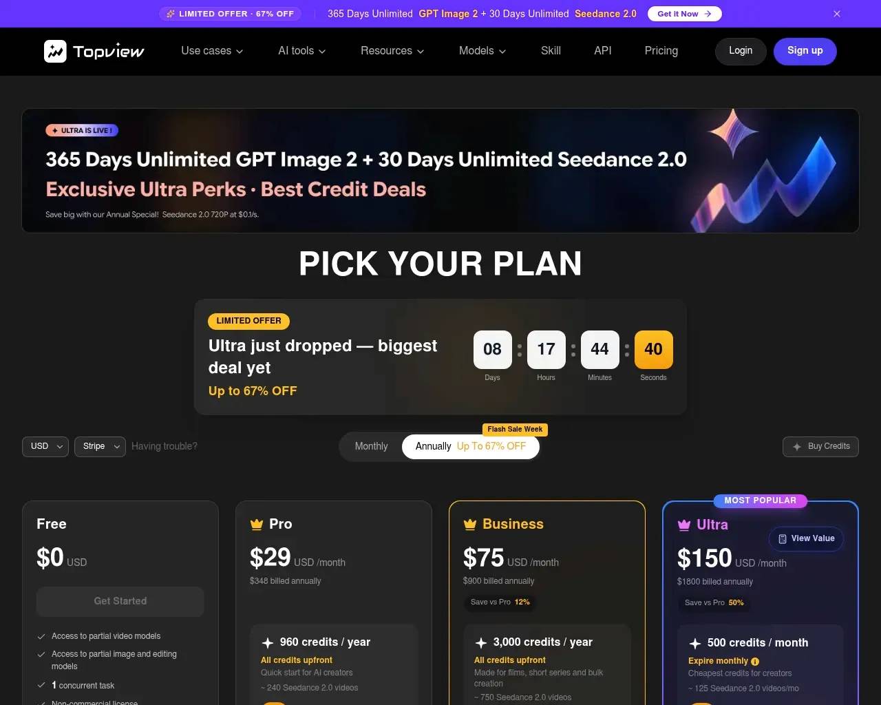 TopView AI pricing page — Free, Pro ($29/mo), Business ($75/mo), Ultra ($150/mo) credit-based plans