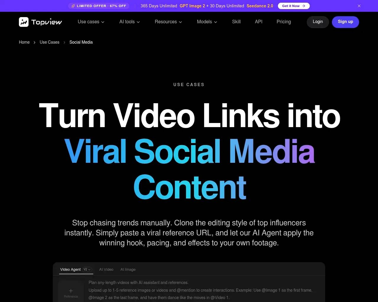 TopView AI social media use-case page — 8 viral video format templates (trend jacking, edutainment, vlogs, listicles)