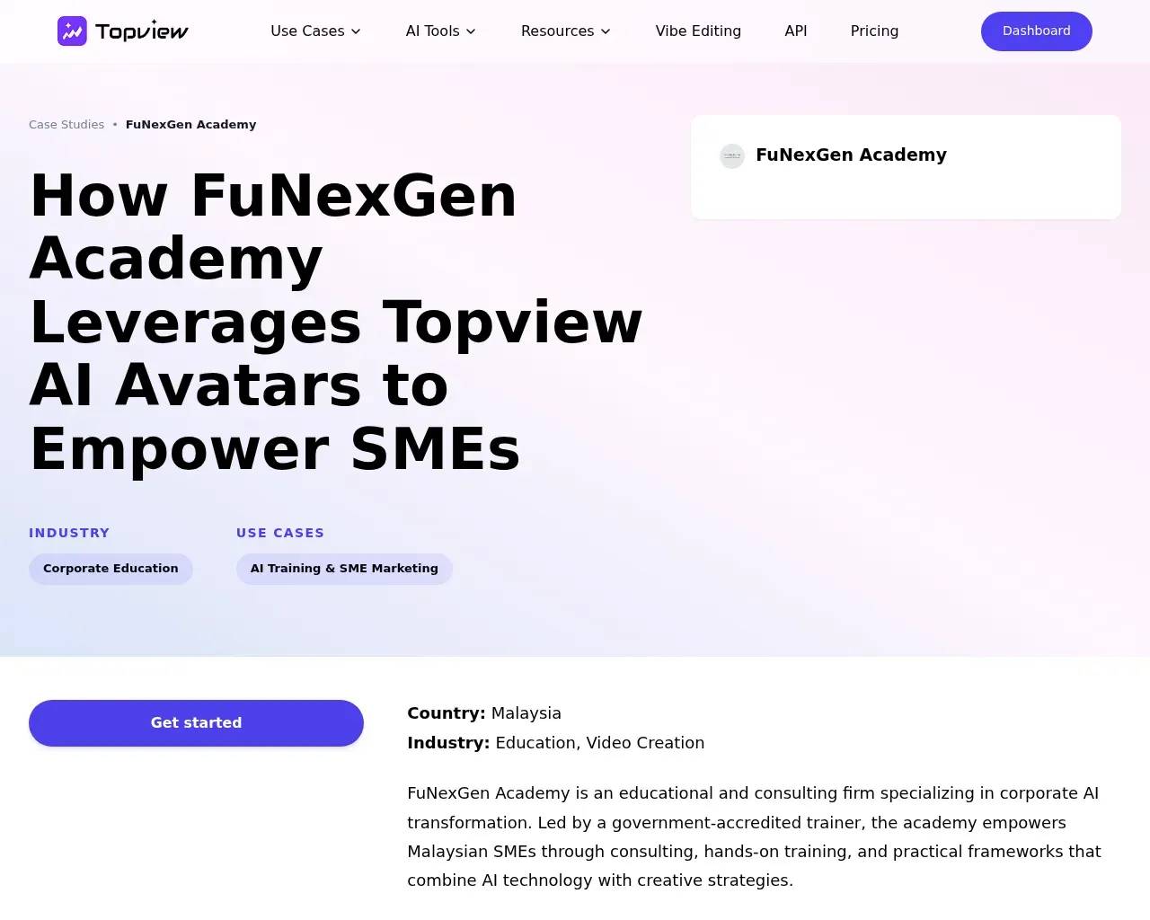 TopView AI case study page: FuNexGen Academy training case study with AI avatars