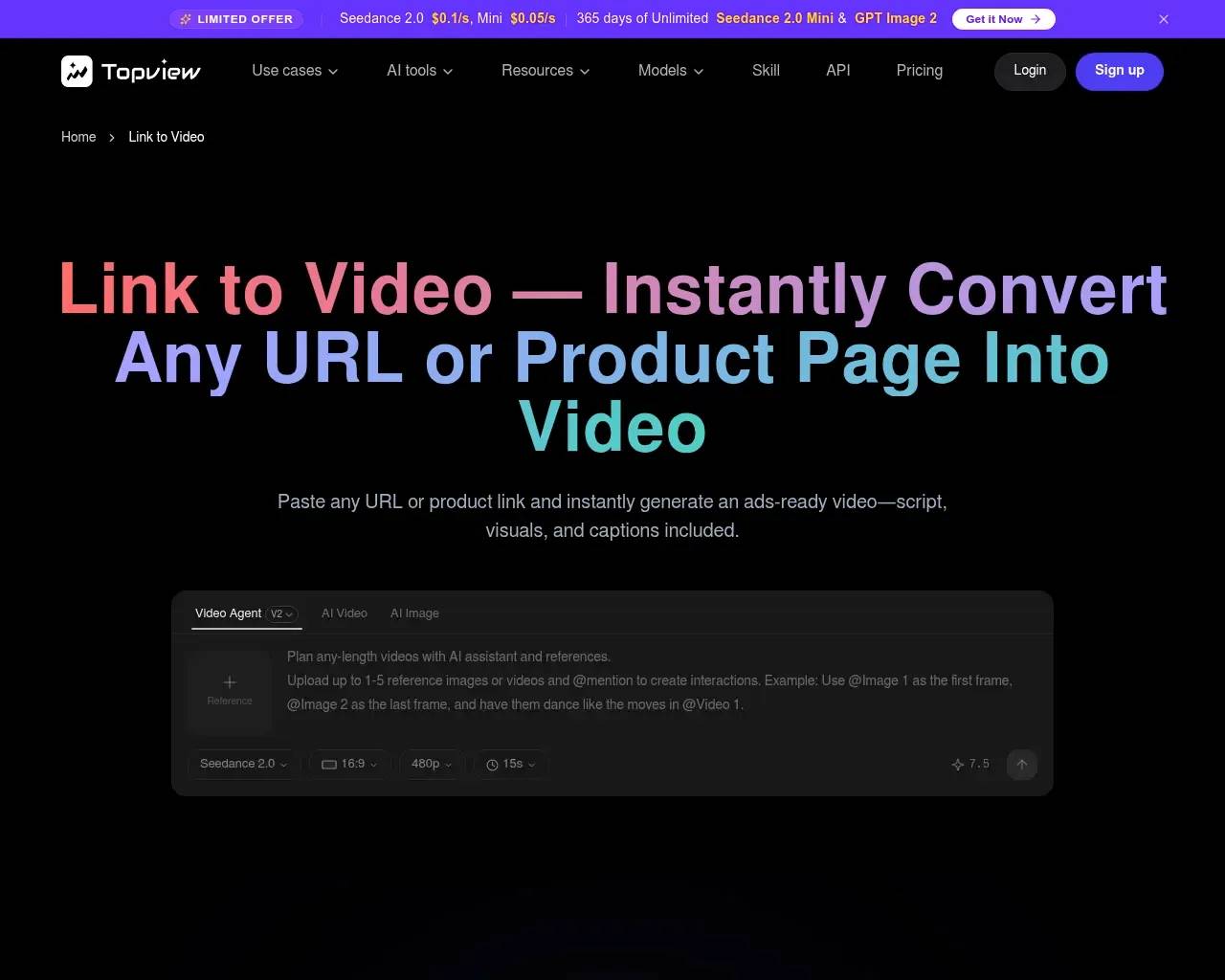 TopView's Link to Video AI Agent landing page, showing the URL-to-video input field and feature highlights
