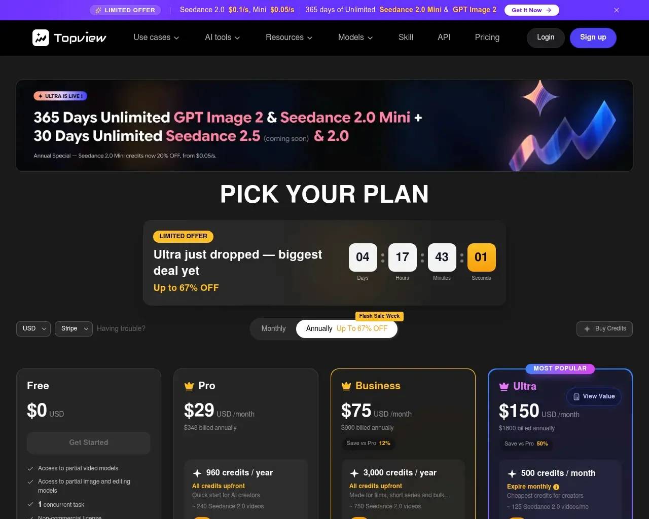 TopView AI pricing page comparing Free, Starter, Business, and Enterprise plans