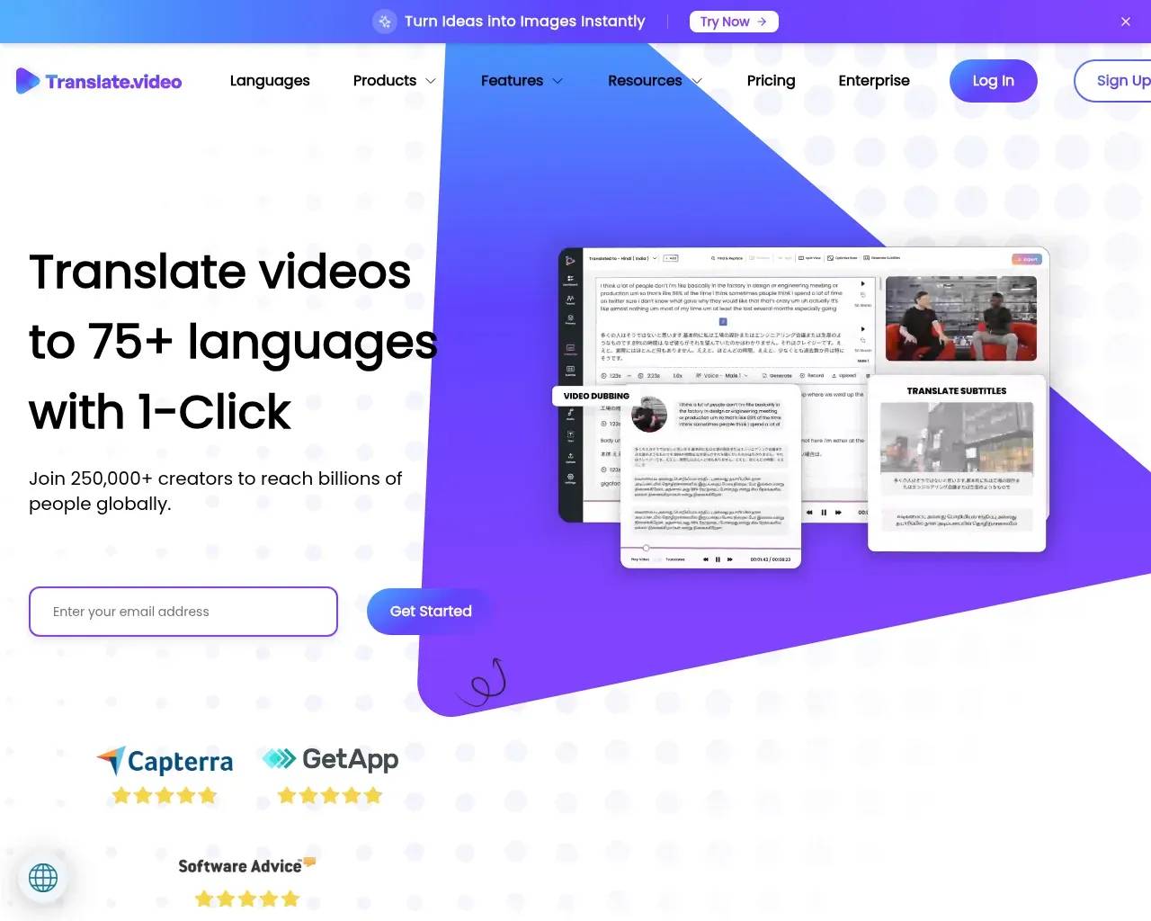 Translate.video homepage showing one-click video translation into 75+ languages