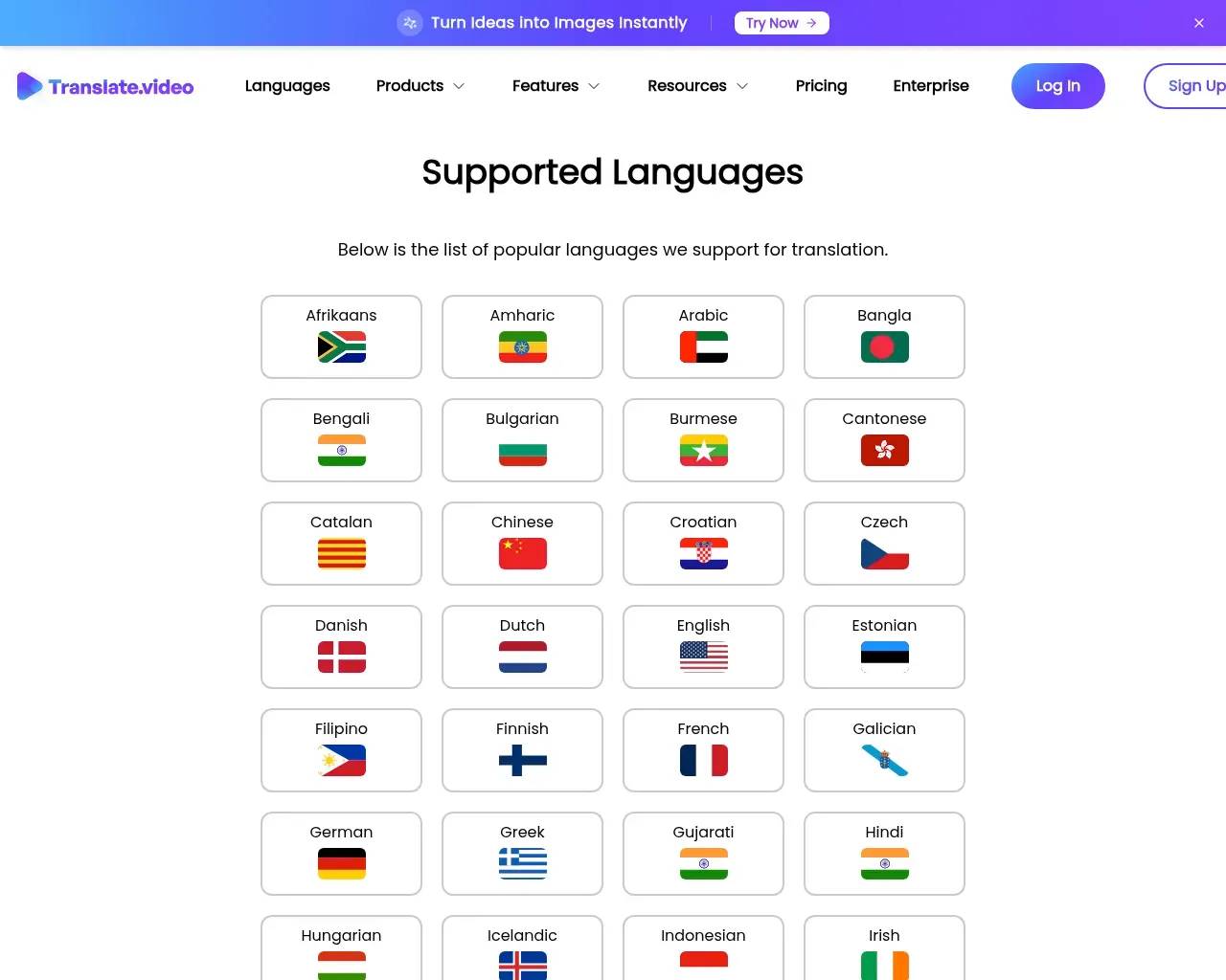 Translate.video languages page listing the supported dubbing and subtitle languages