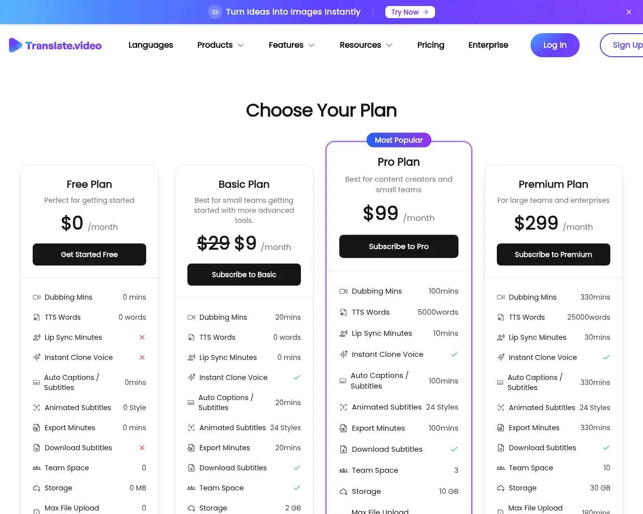 Translate.video pricing page with Free, Basic, Pro and Premium dubbing-minute tiers