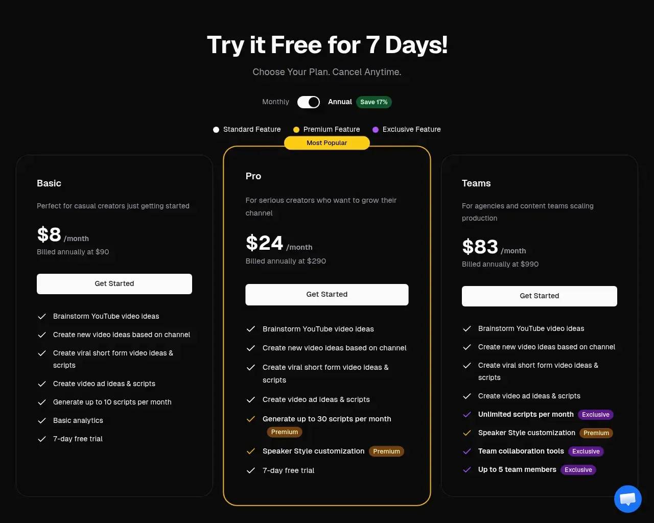 VideoIdeas.ai pricing page — Basic, Pro, and Teams tiers