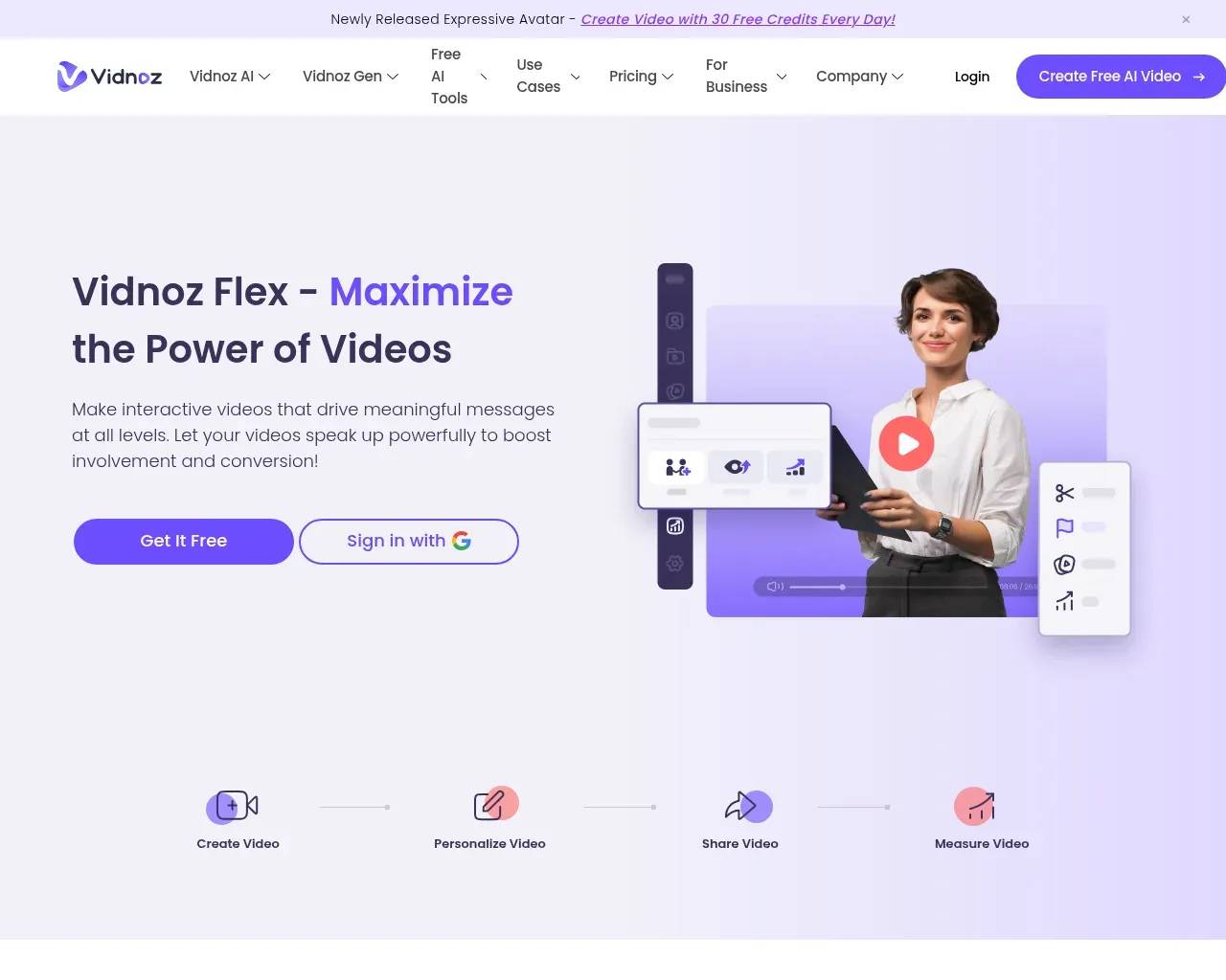 Главная страница Vidnoz Flex с рабочим процессом «Создать, Персонализировать, Поделиться, Измерить»