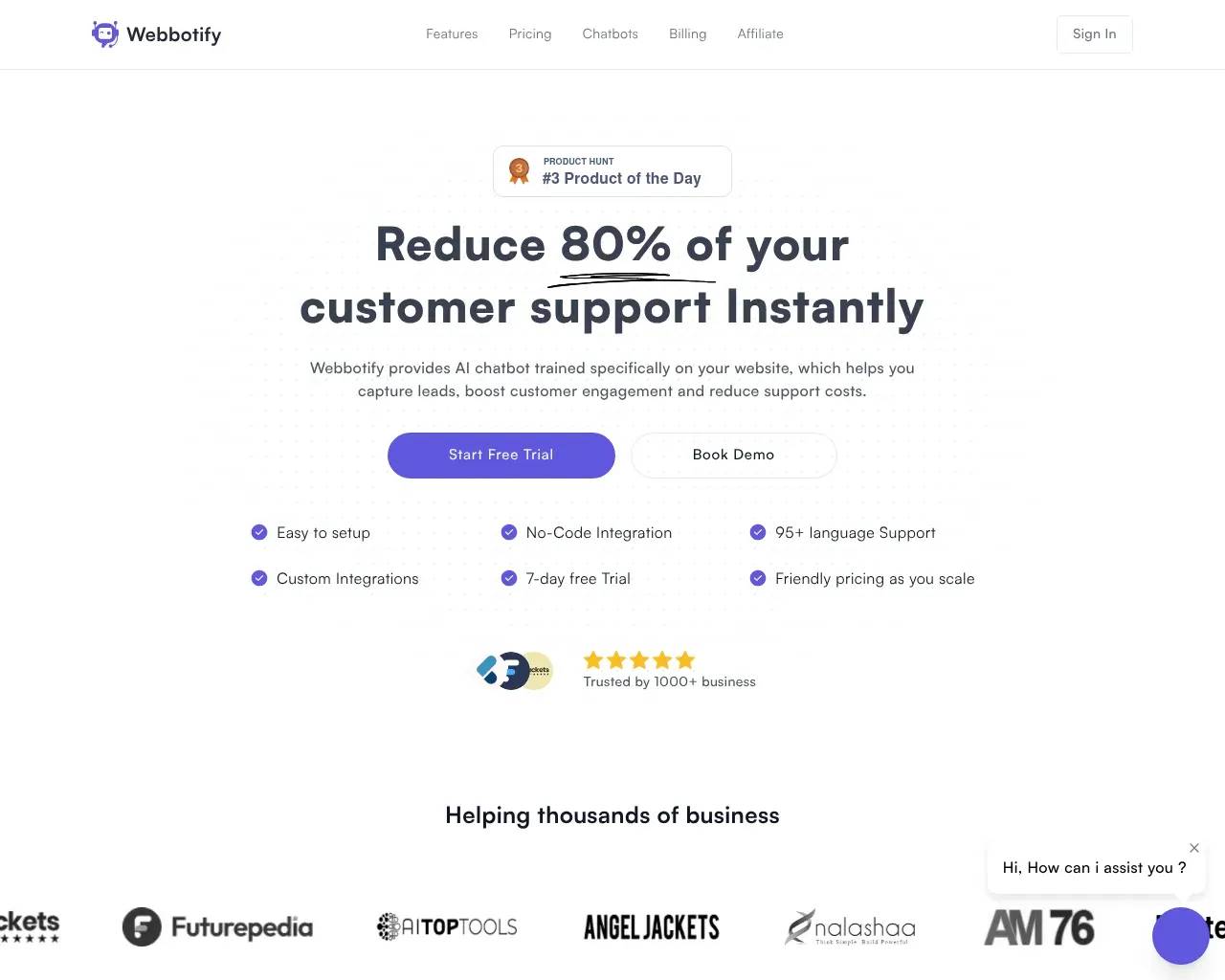 Webbotify homepage showing the headline "Reduce 80% of your customer support instantly", a Product Hunt #3 Product of the Day badge, and a feature checklist including no-code integration and 95+ language support