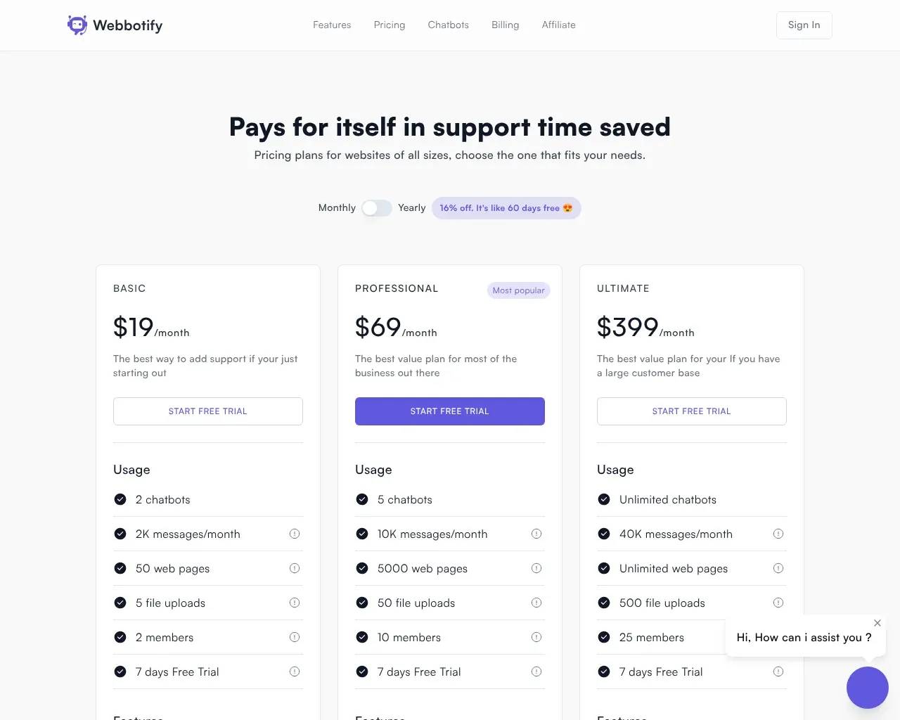 Webbotify pricing page with three monthly tiers side by side: Basic $19, Professional $69 marked "most popular", and Ultimate $399, each listing chatbot, message, and web-page limits