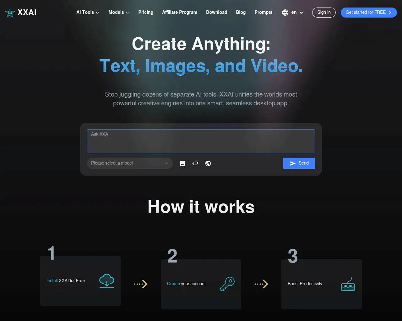 Héroe de la página principal de XXAI — "Create Anything: Text, Images and Video," con el cuadro de consulta, un selector de modelos y el proceso de tres pasos "How it works"