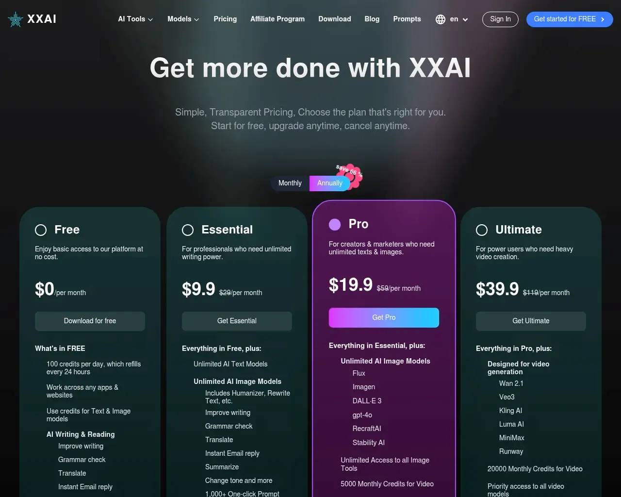 Página de precios de XXAI — planes Free, Essential, Pro y Ultimate con un botón de alternancia Monthly/Annually