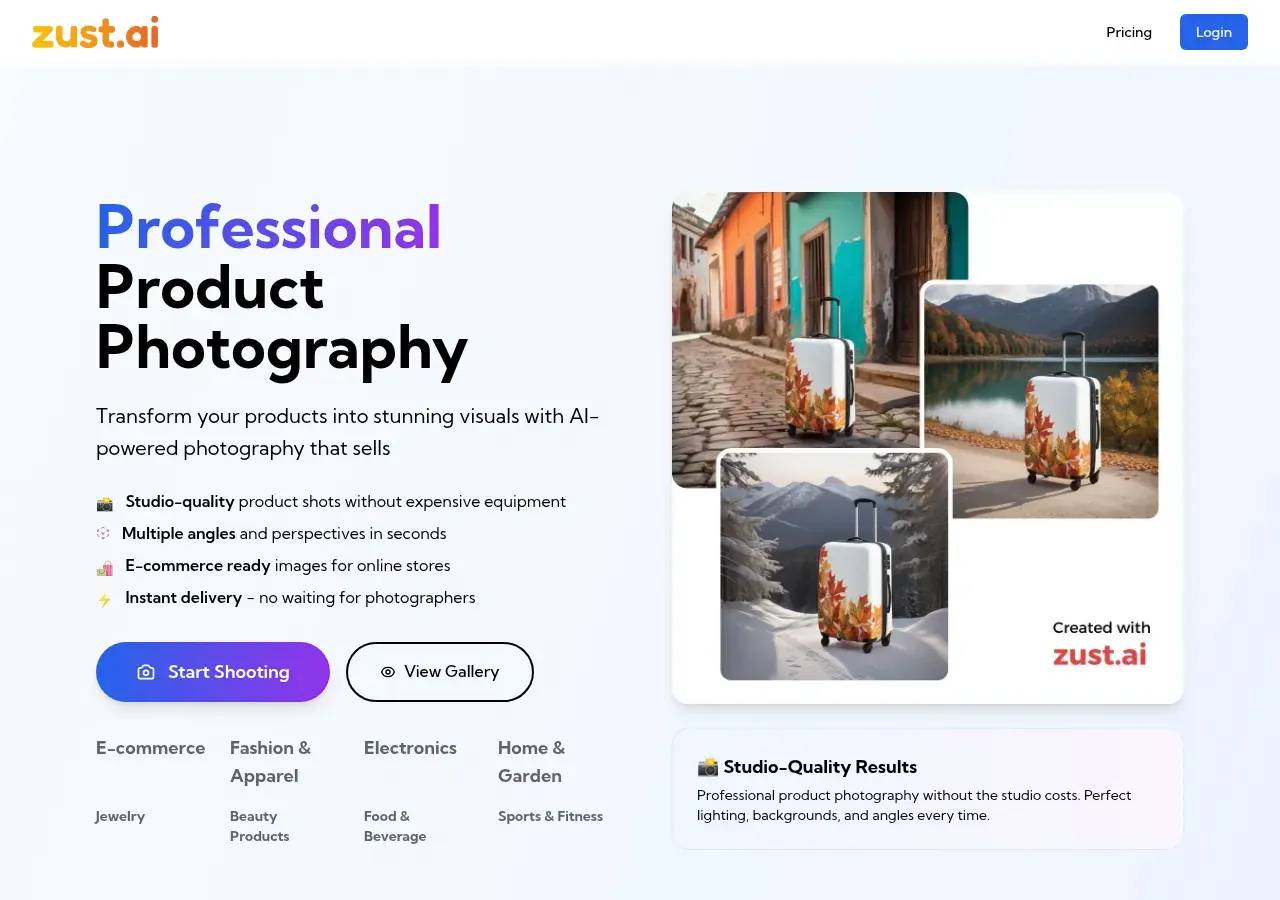 Zust AI homepage hero — AI product photography headline and category chips