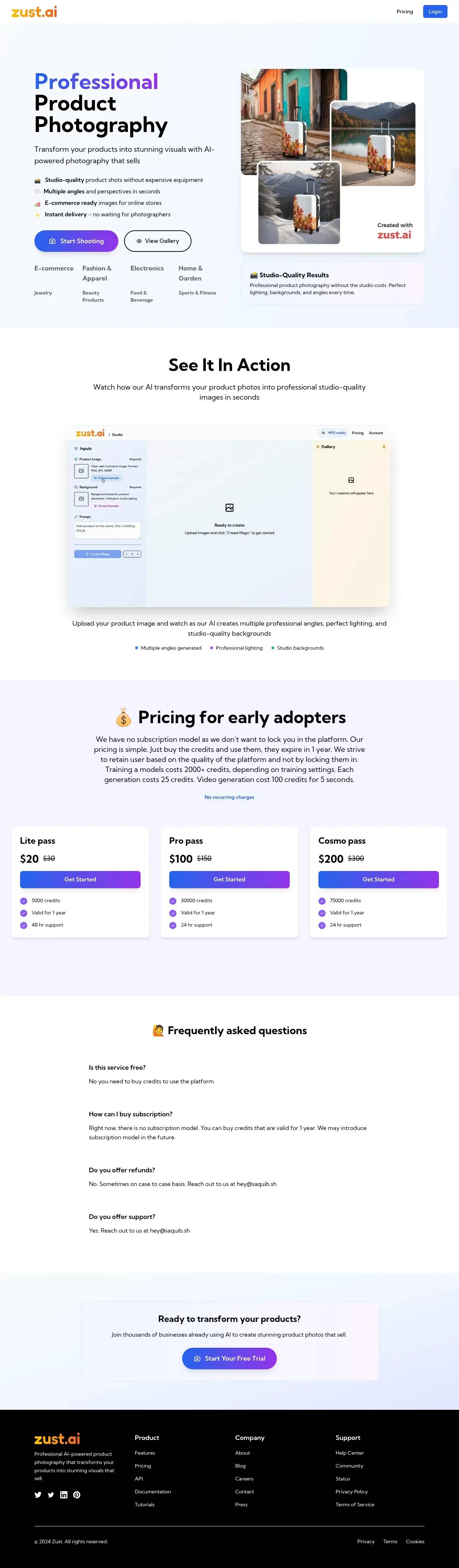 Zust AI full homepage — features, workflow and credit-pack pricing