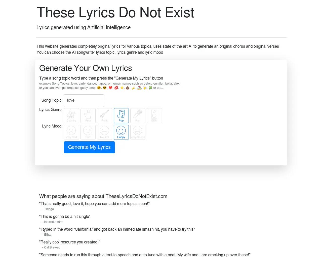 AI Lyrics Generator - Автор песен с искусственным интеллектом - Этих  текстов не существует - Информация, информация о ценах и альтернативах