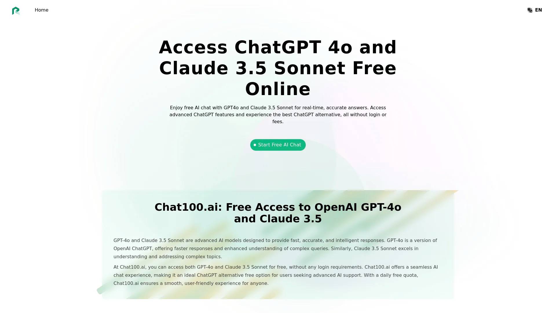 Chat100.ai: Free ChatGPT 4o and Claude 3.5 Sonnet screenshot