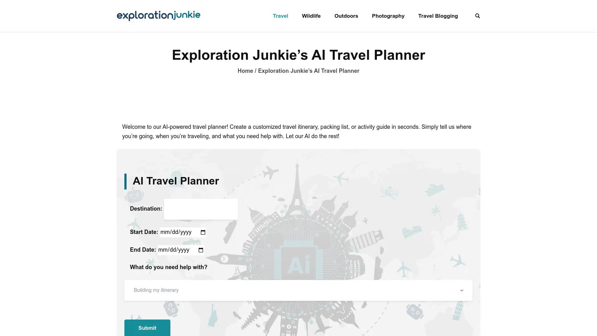 Exploration Junkie's AI Travel Planner screenshot