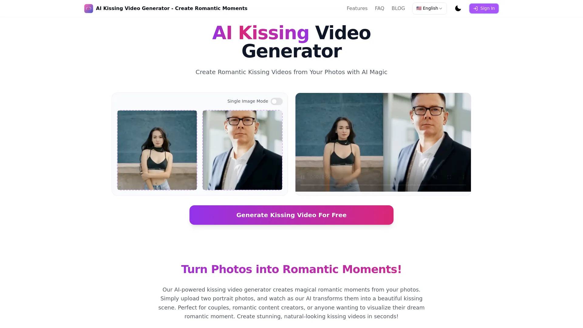 Free AI kissing video generator screenshot