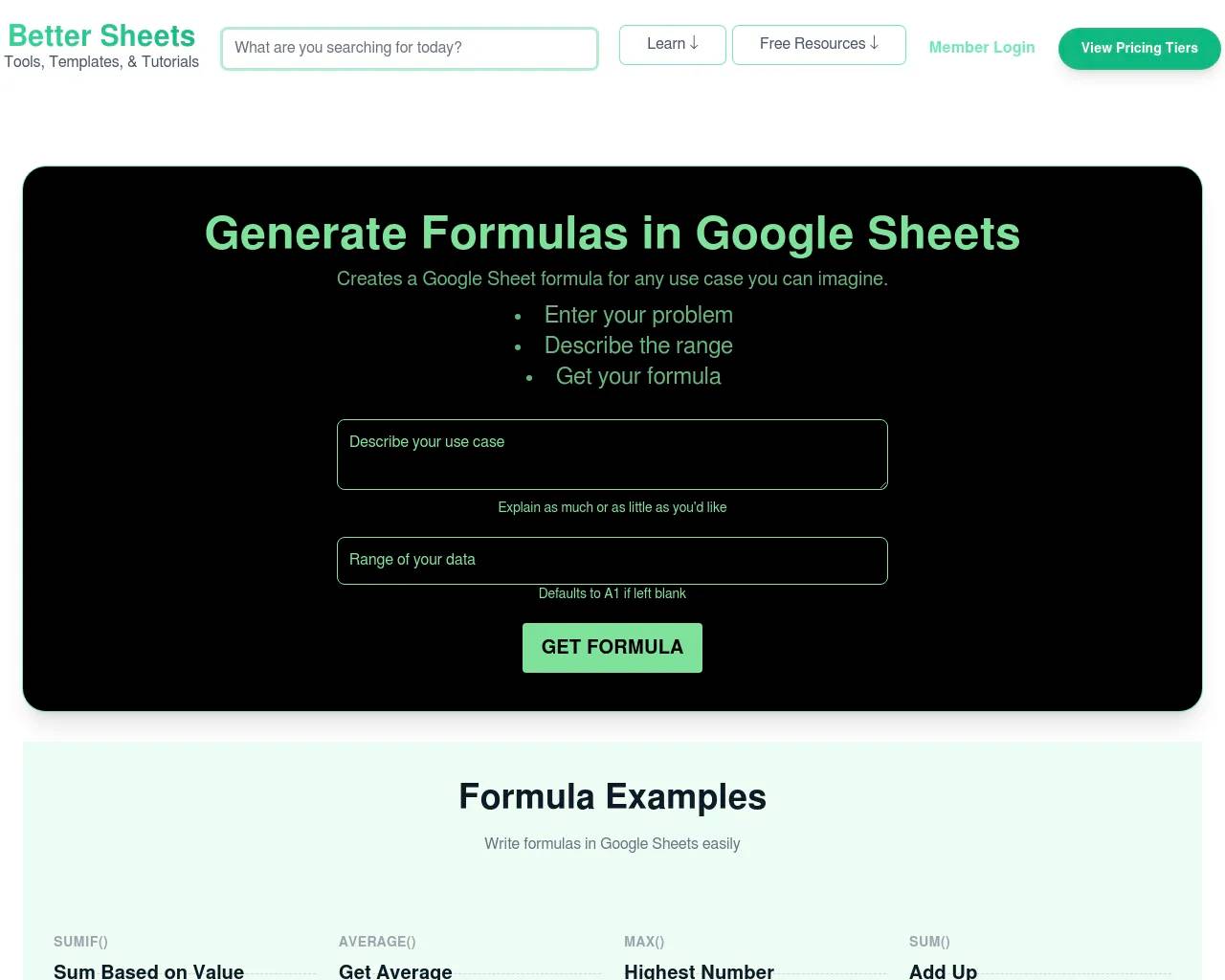 Google Sheets Formula Generator screenshot