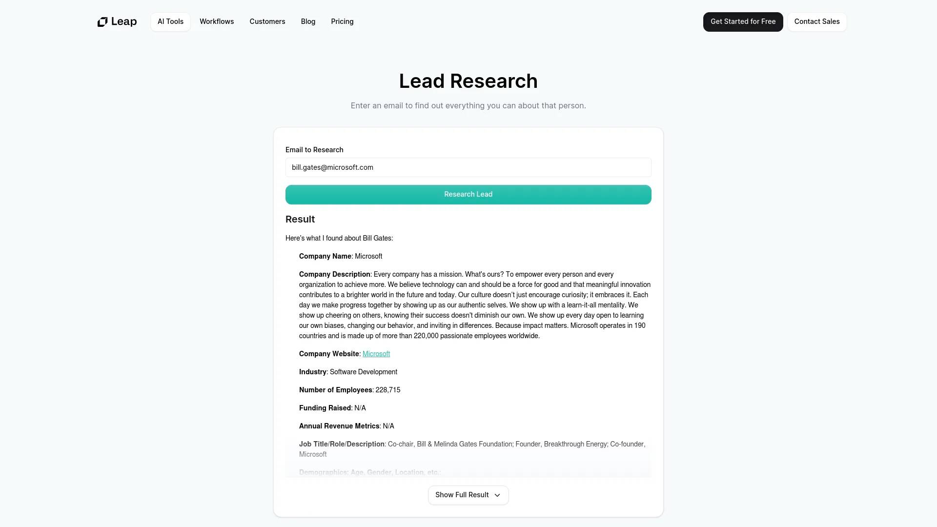 Lead Research Tool by Leap AI