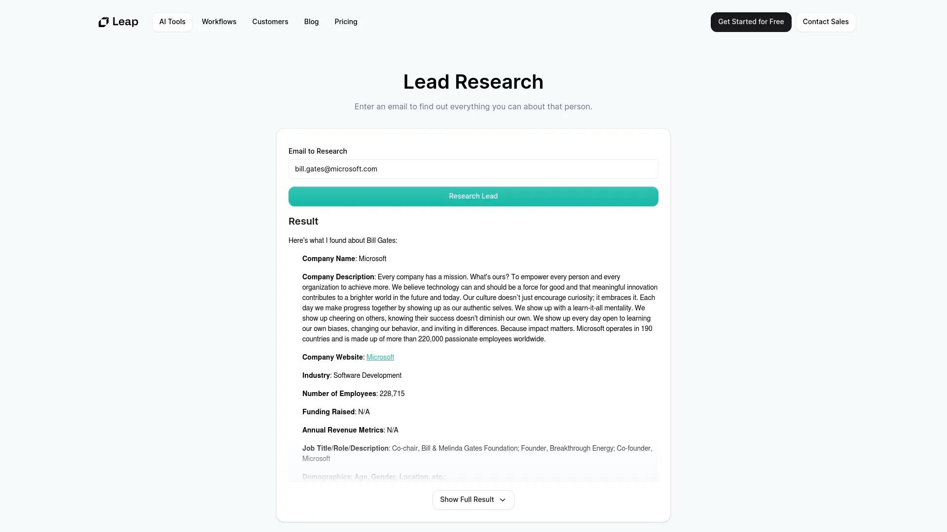 Lead Research Tool by Leap AI screenshot