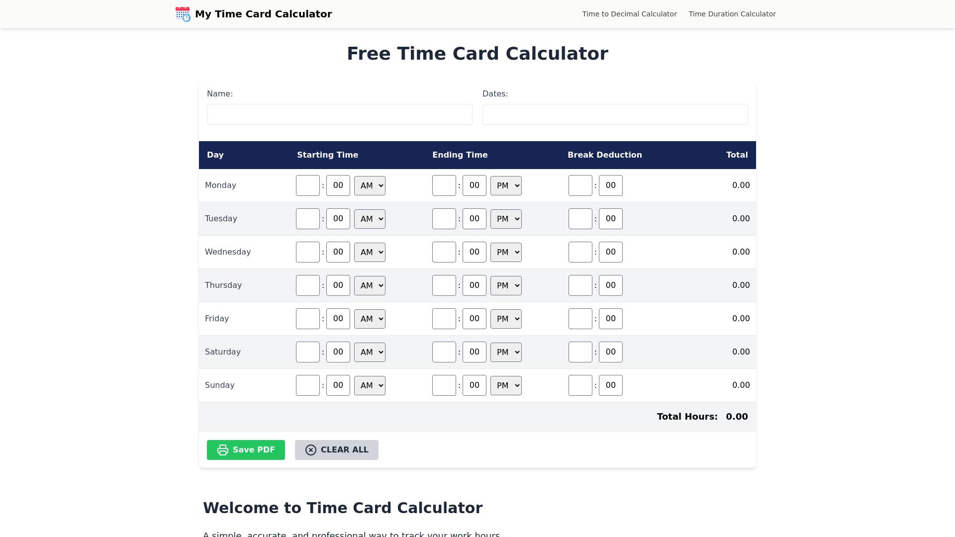 My Time Card Calculator screenshot