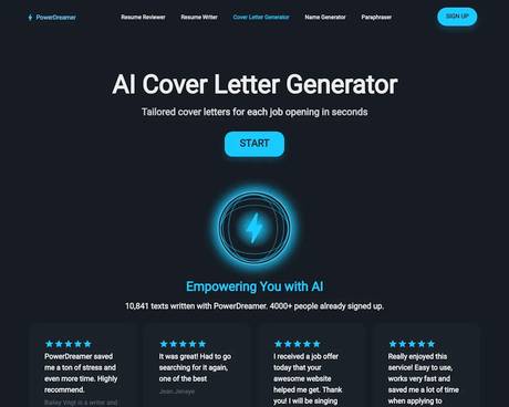 PowerDreamer AI Cover Letter Generator screenshot